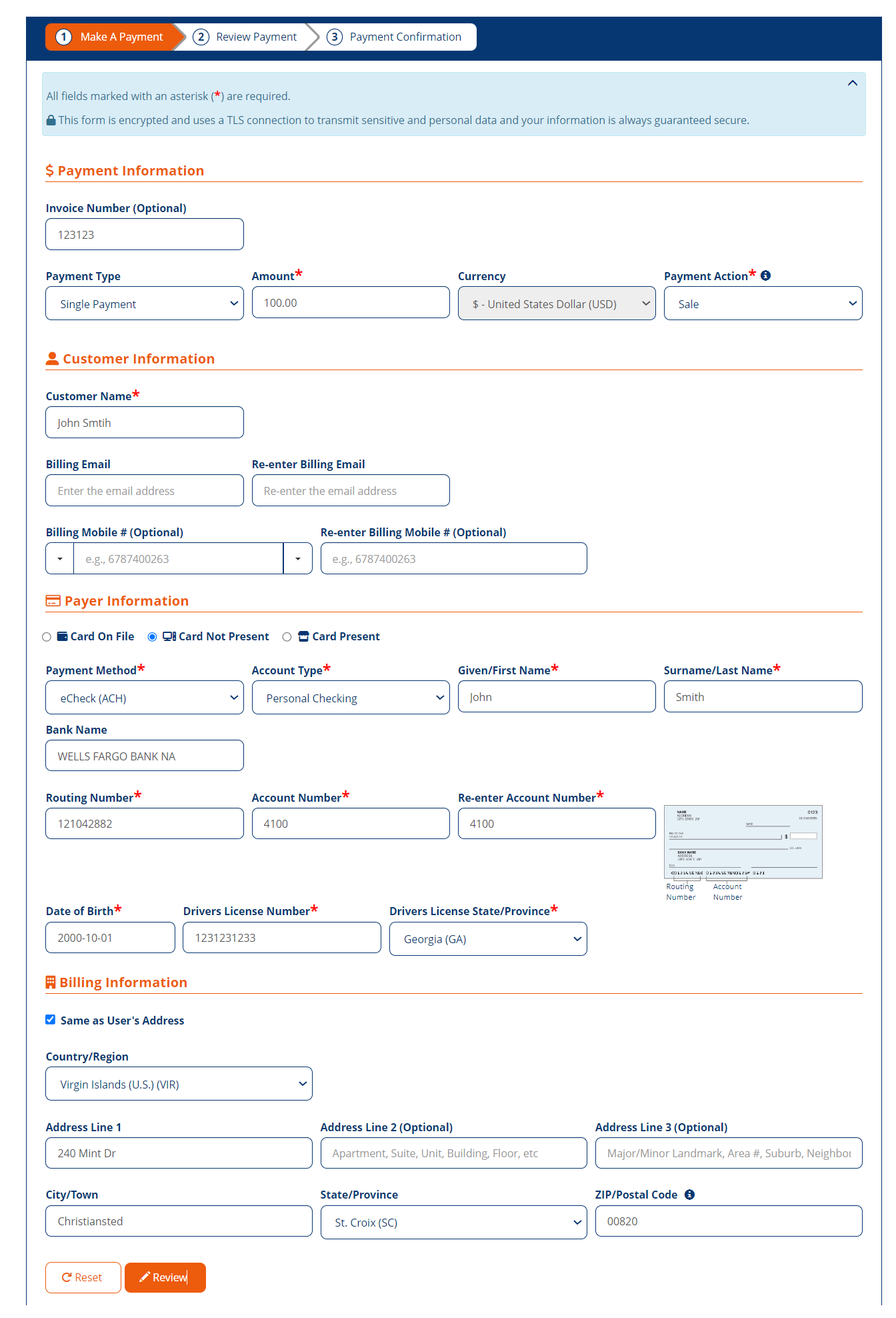 Make A Payment screen