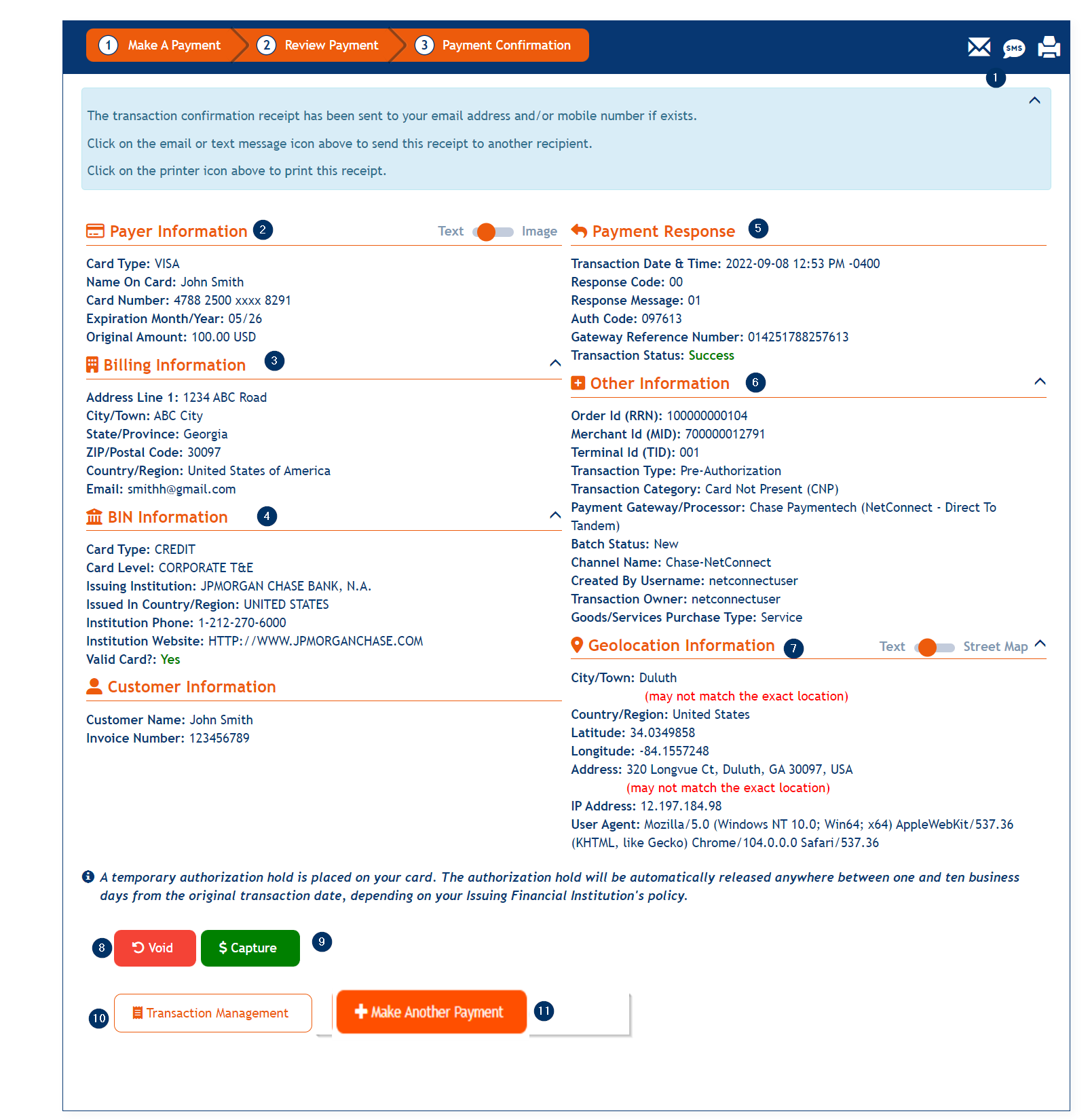 Payment Confirmation page