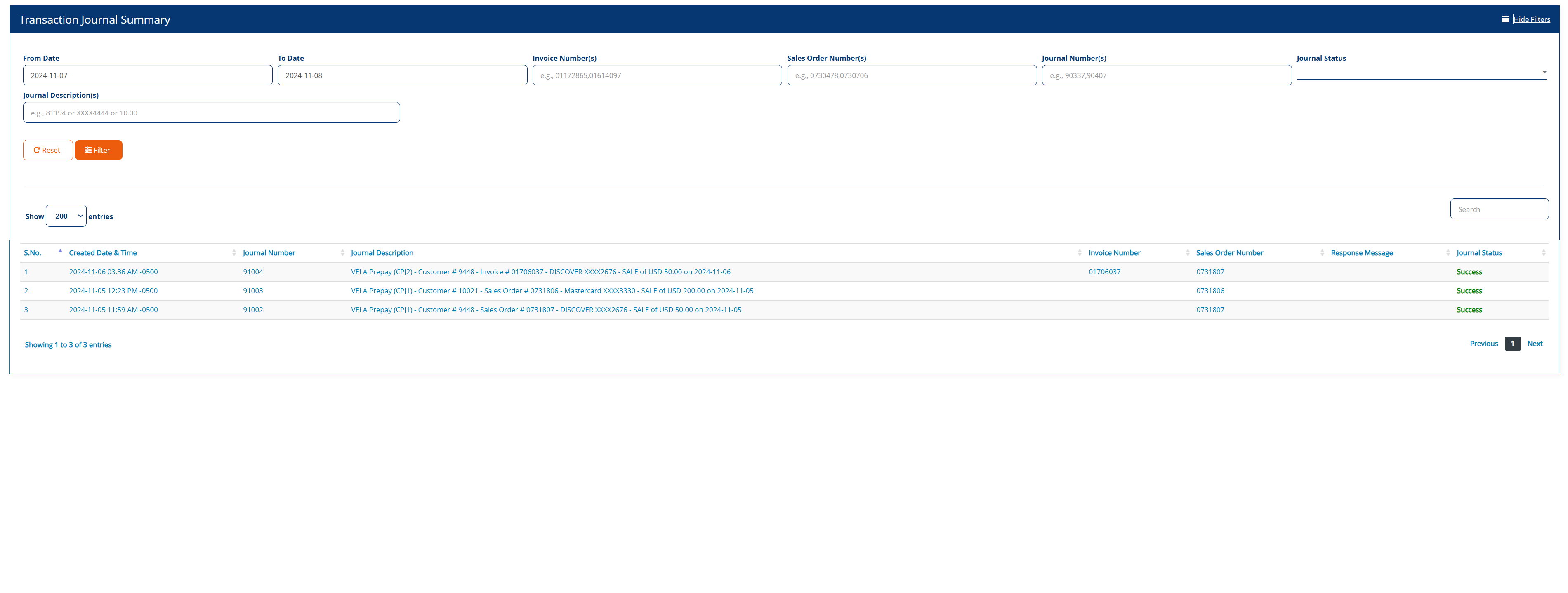 Transaction Journal Summary