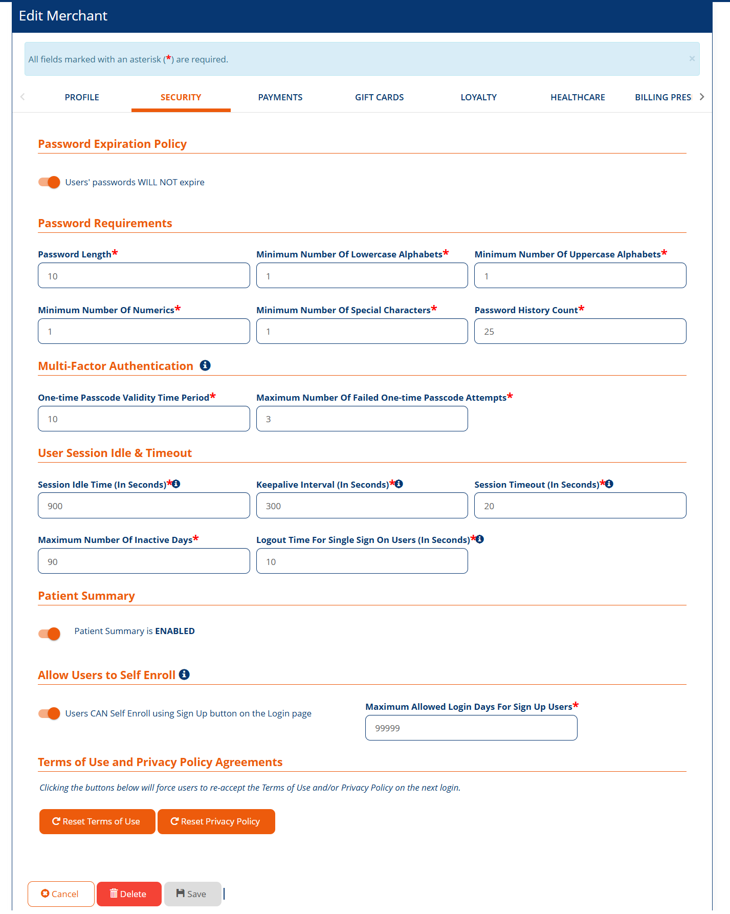 Edit Merchant Security